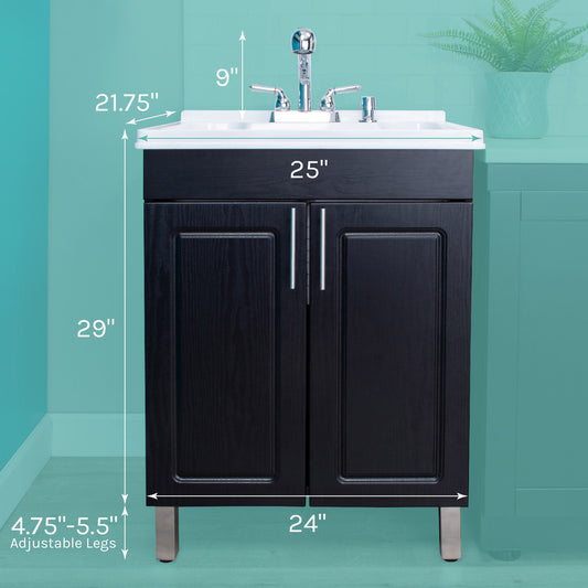 Tehila Black Vanity Cabinet and White Utility Sink with Chrome Finish Pull-Out Faucet - view 2