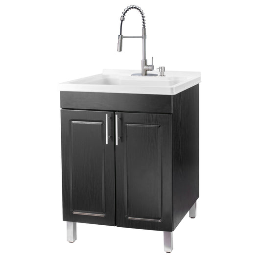 Tehila Black Vanity Cabinet and White Utility Sink with Stainless Steel Finish High-Arc Coil Pull-Down Faucet