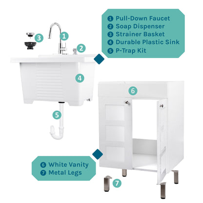 Tehila White Vanity Cabinet and White Utility Sink with Chrome Finish High-Arc Pull-Down Faucet - view 11