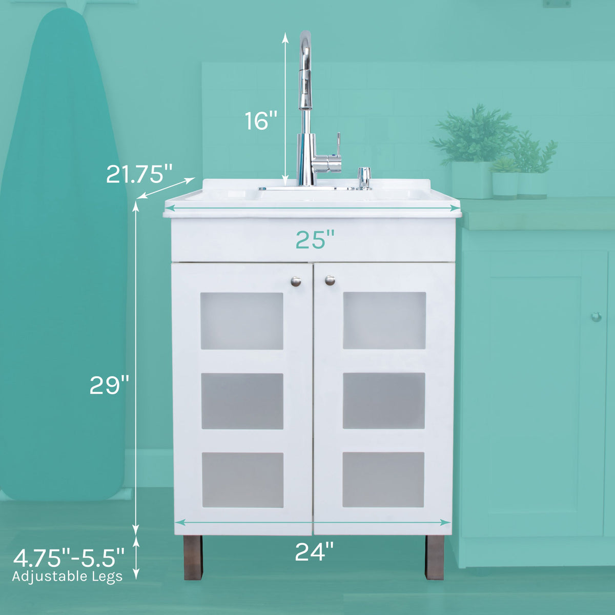 Tehila White Vanity Cabinet and White Utility Sink with Chrome Finish High-Arc Pull-Down Faucet - view 2