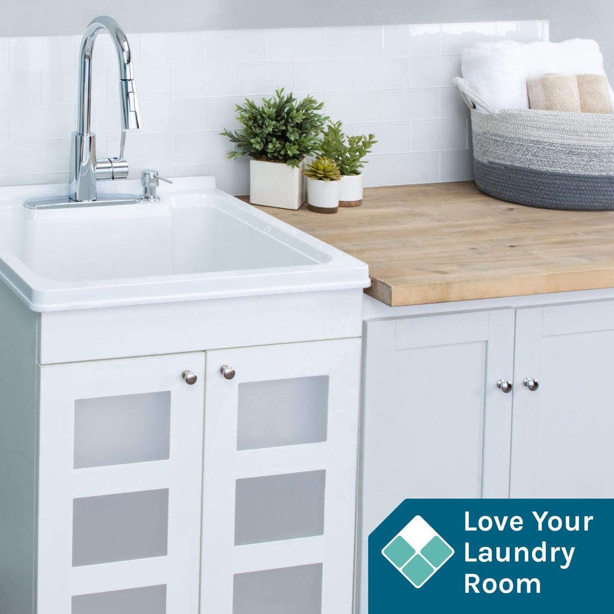 Tehila White Vanity Cabinet and White Utility Sink with Chrome Finish High-Arc Pull-Down Faucet - view 3