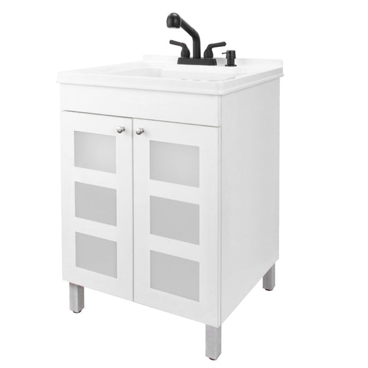 Tehila White Vanity Cabinet and White Utility Sink with Black Finish Pull-Out Faucet