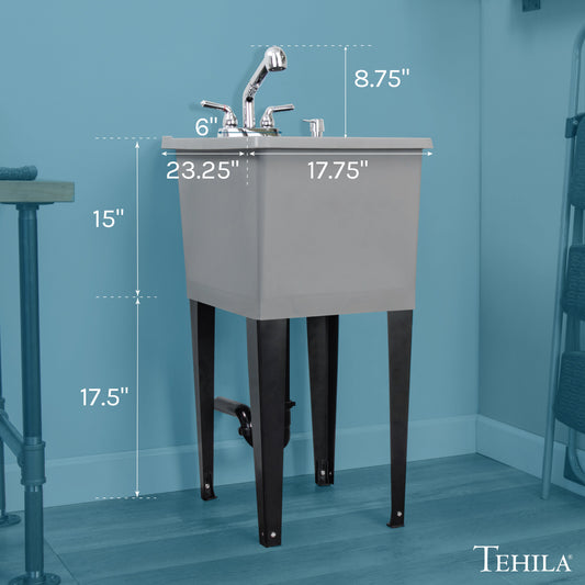 Tehila Space Saver Freestanding Grey Utility Sink with Chrome Finish Pull-Out Faucet - view 2