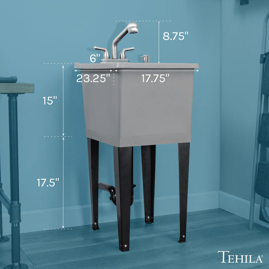 Tehila Space Saver Freestanding Grey Utility Sink with Stainless Steel Finish Pull-Out Faucet - view 2