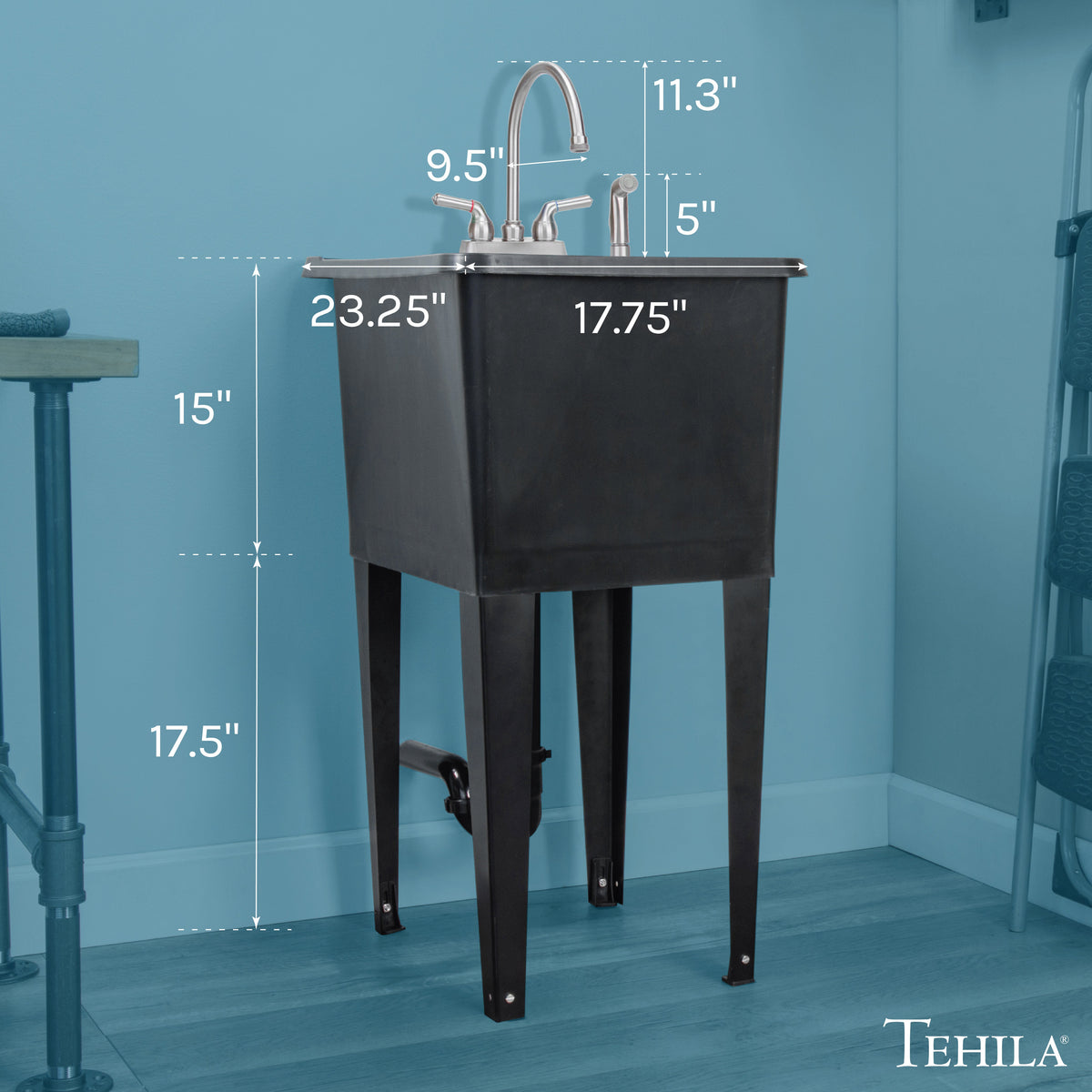 Tehila Space Saver Freestanding Black Utility Sink with Stainless Steel Finish Gooseneck Faucet and Side Sprayer - view 2