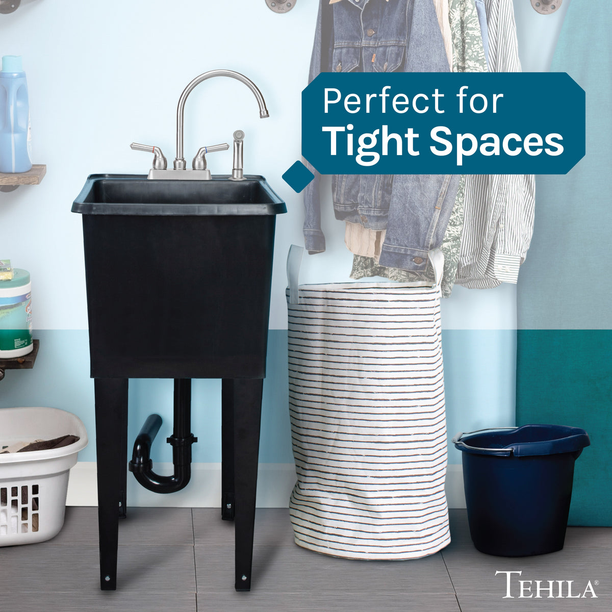 Tehila Space Saver Freestanding Black Utility Sink with Stainless Steel Finish Gooseneck Faucet and Side Sprayer - view 3