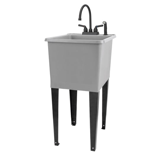 Tehila Space Saver Freestanding Grey Utility Sink with Black Finish Gooseneck Faucet and Side Sprayer