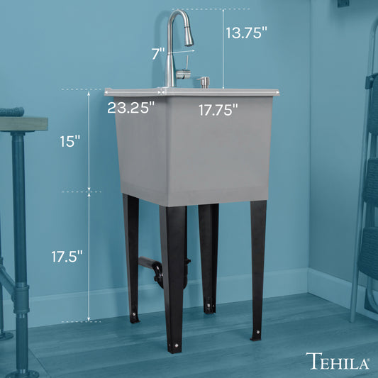 Tehila Space Saver Freestanding Grey Utility Sink with Stainless Steel Finish Low-Profile Pull-Down Faucet - view 2