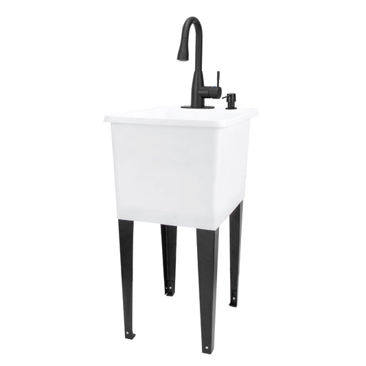 Tehila Space Saver Freestanding White Utility Sink with Black Finish Low-Profile Pull-Down Faucet
