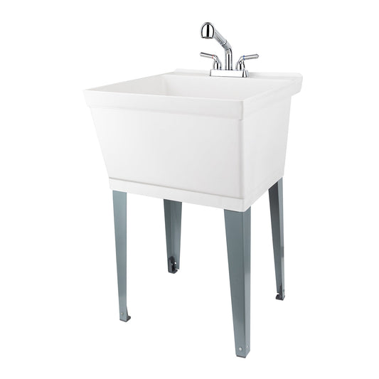 Tehila Standard Freestanding White Utility Sink with Chrome Finish Pull-Out Faucet