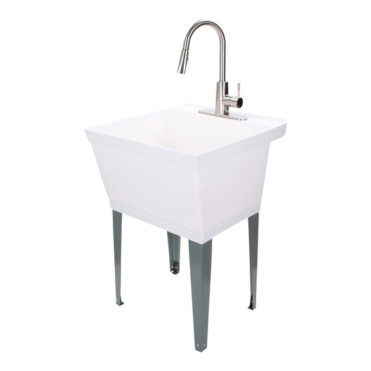 Tehila Standard Freestanding White Utility Sink with Stainless Steel Finish High-Arc Pull-Down Faucet