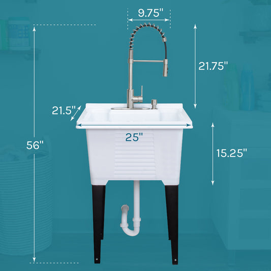 Tehila Luxe Freestanding White Utility Sink with Stainless Steel Finish High-Arc Coil Pull-Down Faucet - view 2