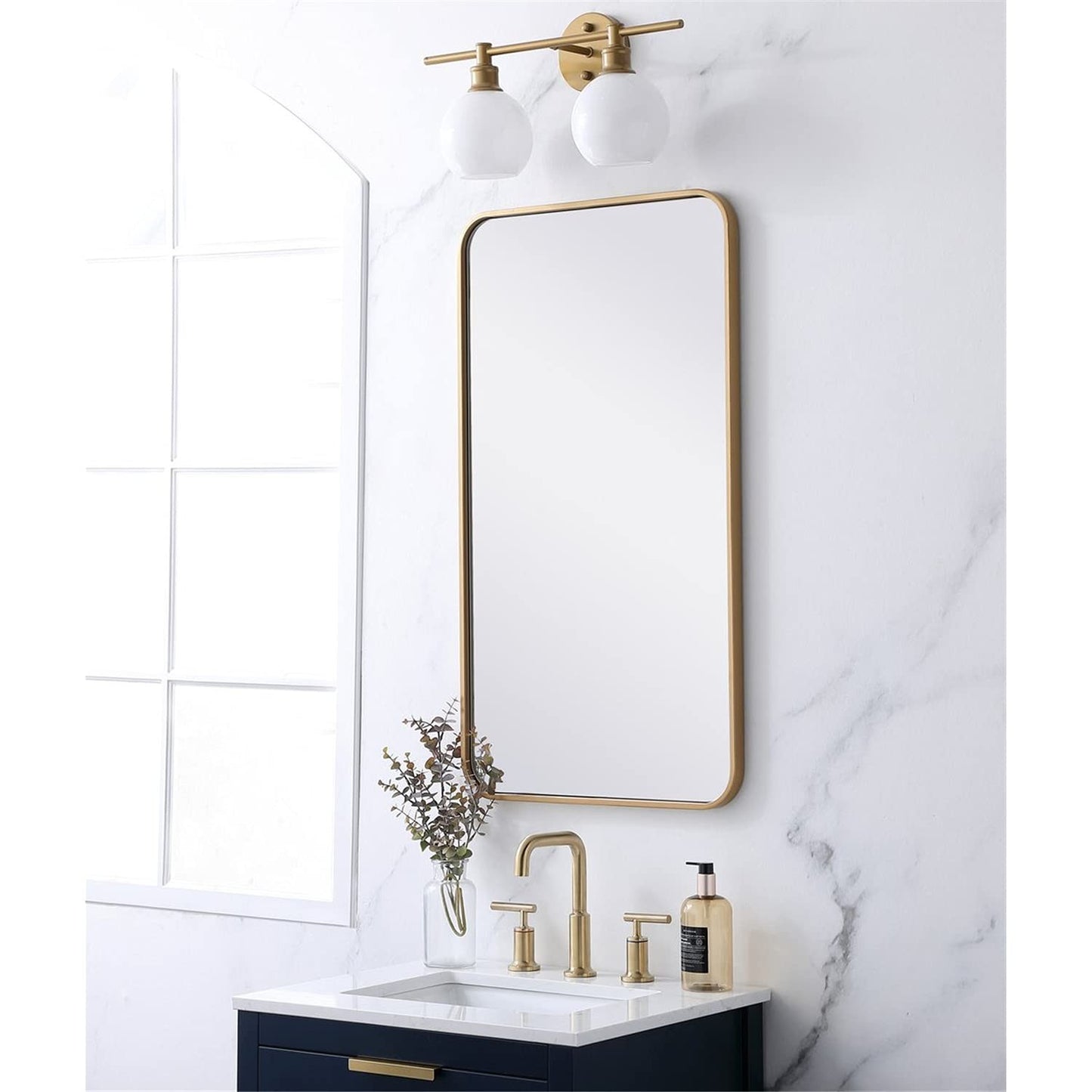 Elegant MR802036BR Evermore 20x36 Soft Corner Metal Rectangular Mirror in Brass