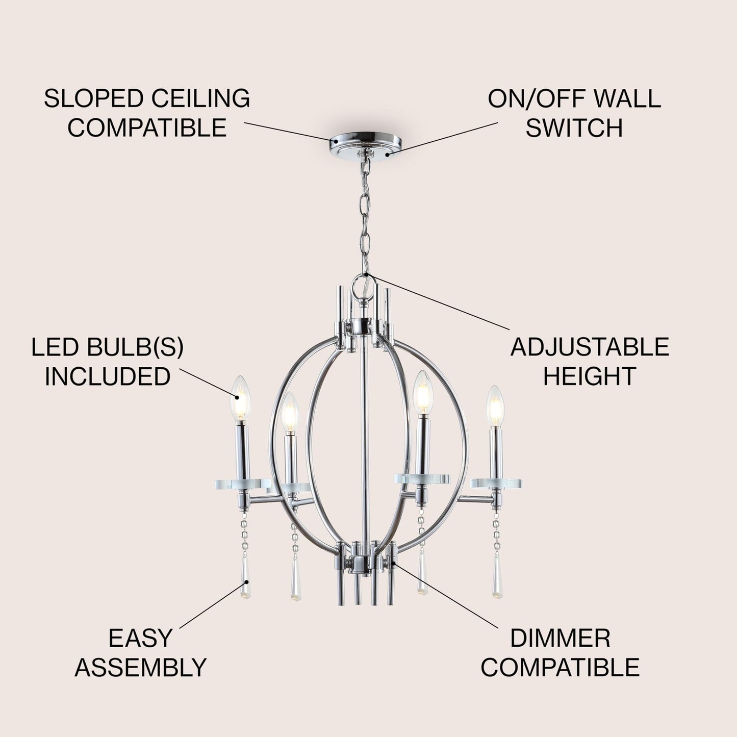 JONATHAN Y JYL7402A Laura 23" Crystal/Metal LED Chandelier Dimmable Chrome