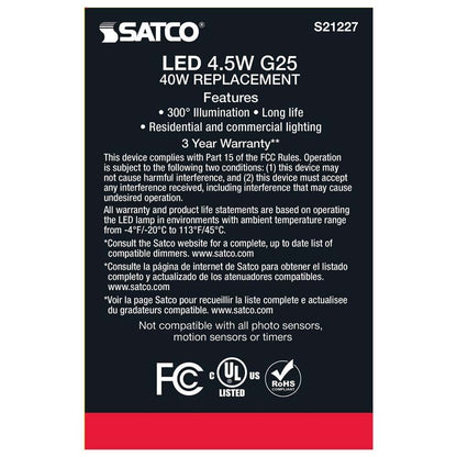Satco S21227 4.5w G25 Globe Filament LED 3000K Medium Base Dimmable - 2 Pack