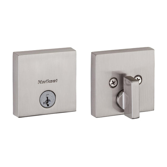 Kwikset 258SQT15SMT Downtown Deadbolt Lock, Satin Nickel Square Exterior Keyed