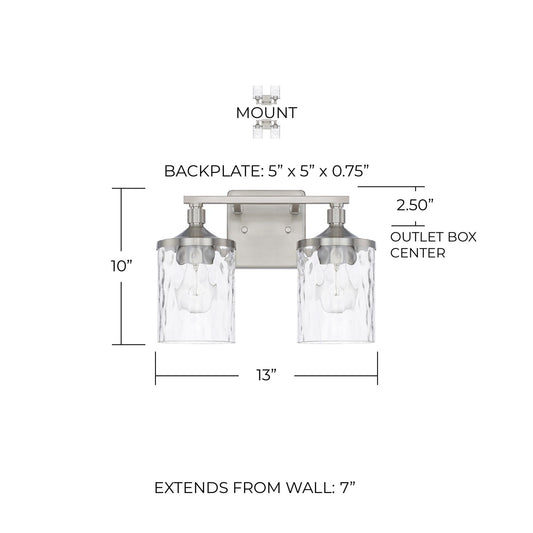 HomePlace Lighting 128821BN-451 Clear Water Glass Vanity Wall Light, 2-Light
