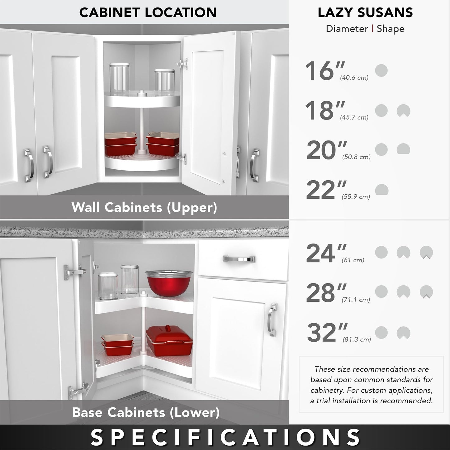 REV-A-SHELF Polymer Full-Circle 3-Shelf Lazy Susans 38" H Corner Wall Cabinets