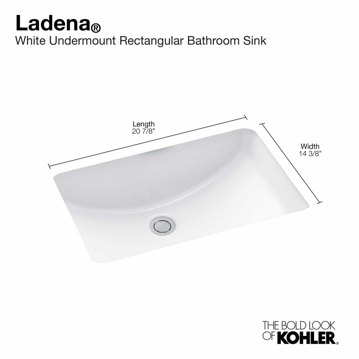KOHLER 2214-0 Ladena Rectangular Undermount Bathroom Sink, 20-7/8" W X 14-3/8" L