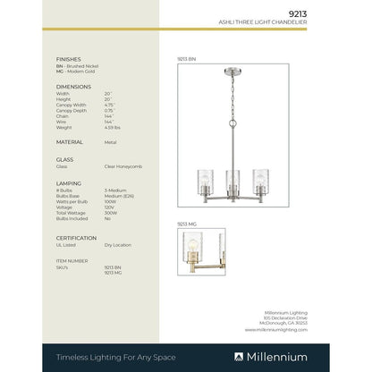 Millennium Lighting 9213 Ashli 3 Light 20" Wide Chandelier - Brushed Nickel