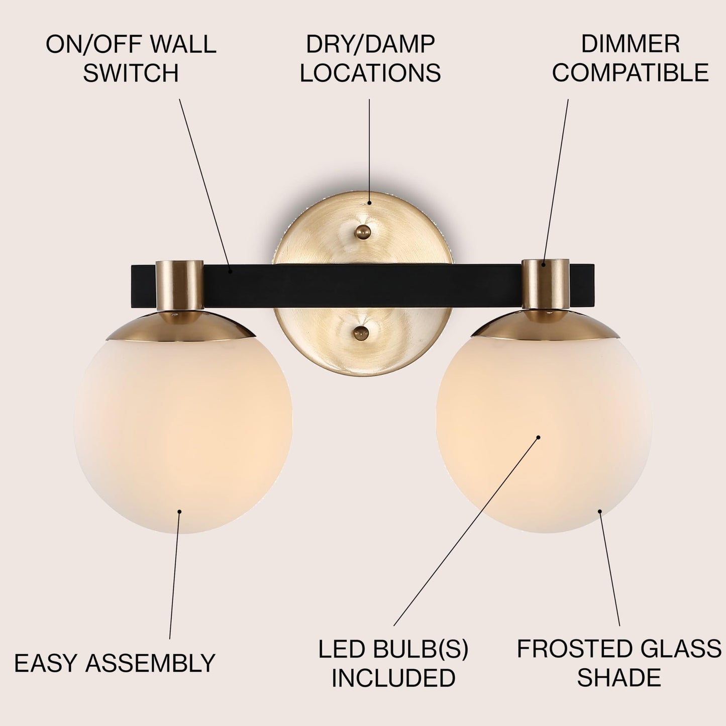 JONATHAN Y JYL3541A Modernist Globe 15.25" 2-Light LED Vanity 2700K LED