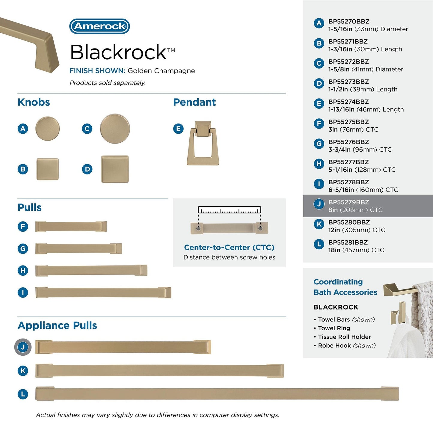 Amerock BP55279BBZ Blackrock Appliance Pull Golden Champagne 8" C2C