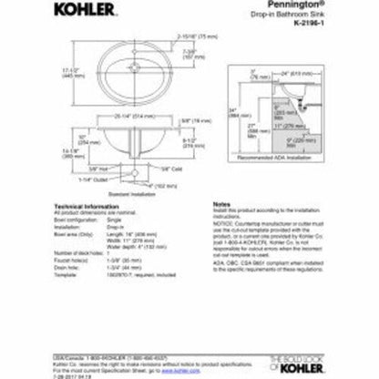 KOHLER PENNINGTON® 20X17, 20.25" x 17.5", Oval Basin with Overflow Drain