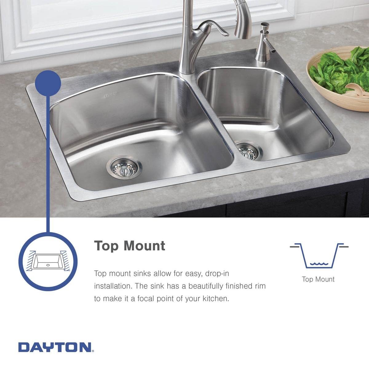 Dayton D233223 Equal Double Bowl Top Mount Stainless Steel Sink