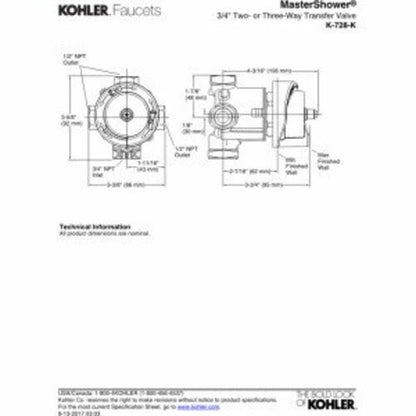 KOHLER 728-K-NA MasterShower 3/4" 2- or 3-Way Transfer Valve