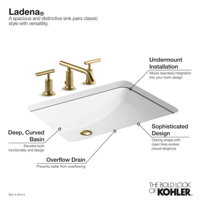 KOHLER 2214-0 Ladena Rectangular Undermount Bathroom Sink, 20-7/8" W X 14-3/8" L