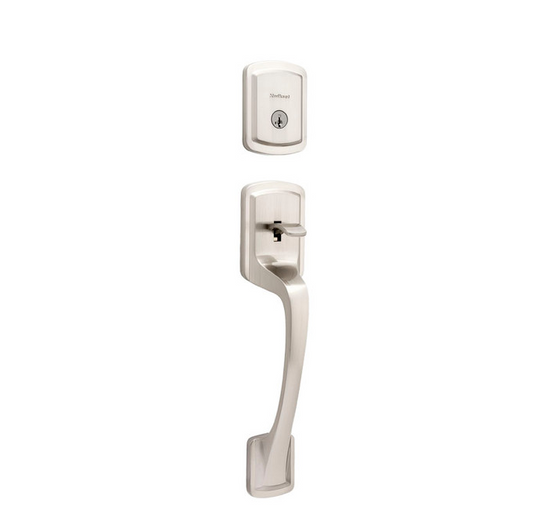 Kwikset Prague 98180-027 Handle with Pismo Knob and Deadbolt Set in Satin Nickel