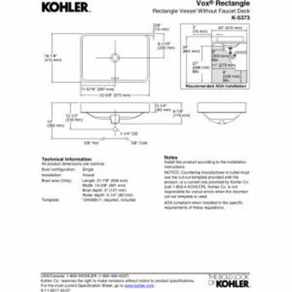 KOHLER 5373-0 Vox Rectangle Vessel Bathroom Sink, Vitreous China, White