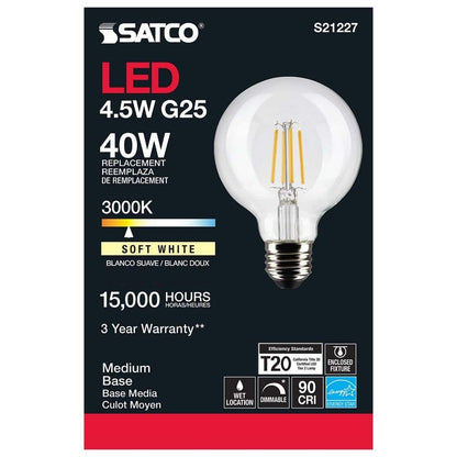 Satco S21227 4.5w G25 Globe Filament LED 3000K Medium Base Dimmable - 2 Pack