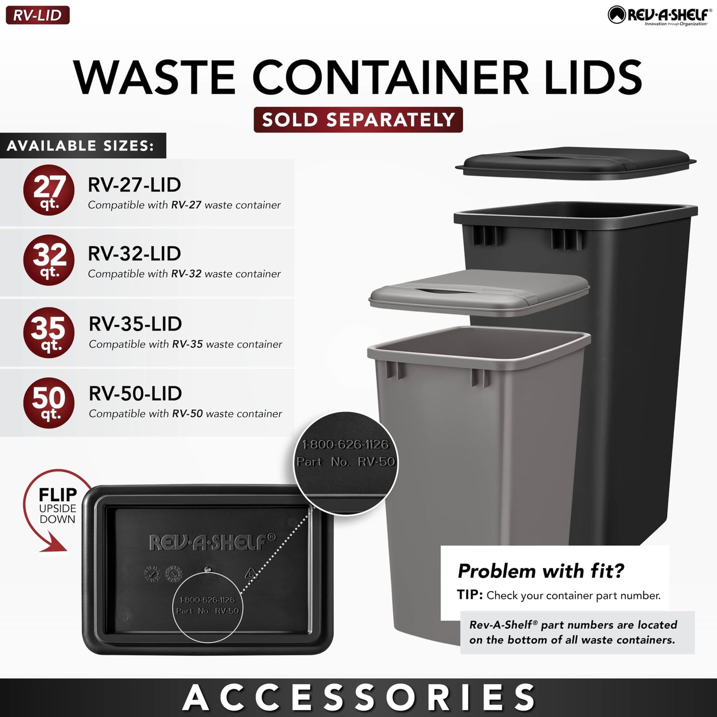 Rev-A-Shelf Single Pullout Trash Can 35 Qt , Silver, 4WCTM-1816DM-1