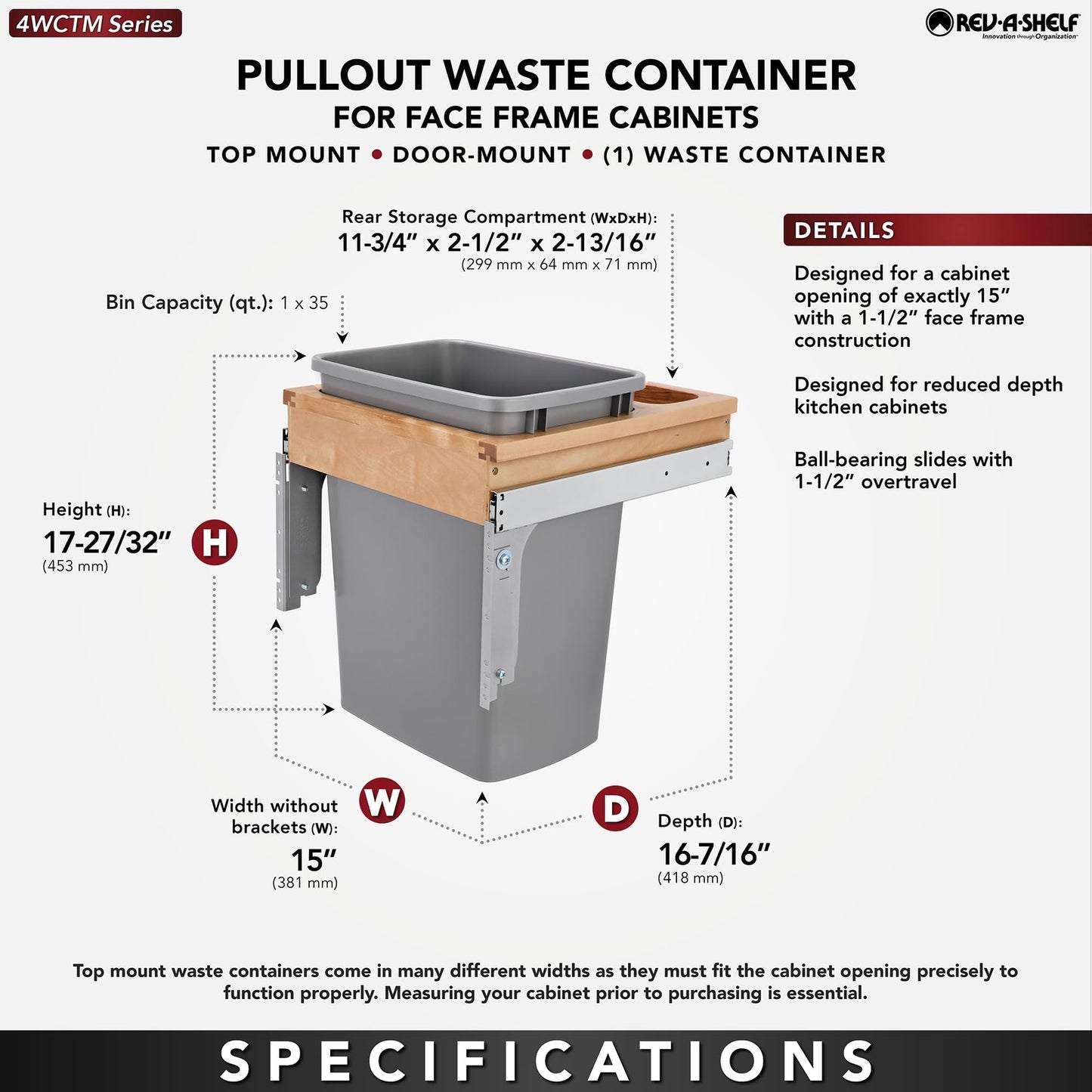 Rev-A-Shelf Single Pullout Trash Can 35 Qt , Silver, 4WCTM-1816DM-1