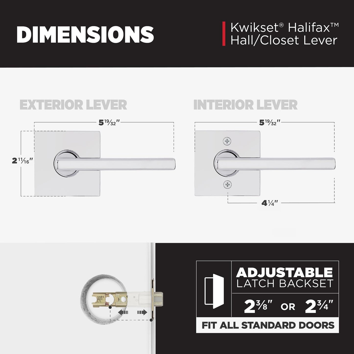 Kwikset 720HFLSQT26 Halifax Passage Door Handle Lever Reversible Polished Chrome