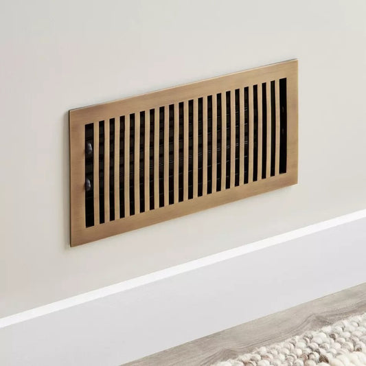 Signature Hardware-Modern Style Brass Floor Register w/wall clips-2-1/4x10-AB