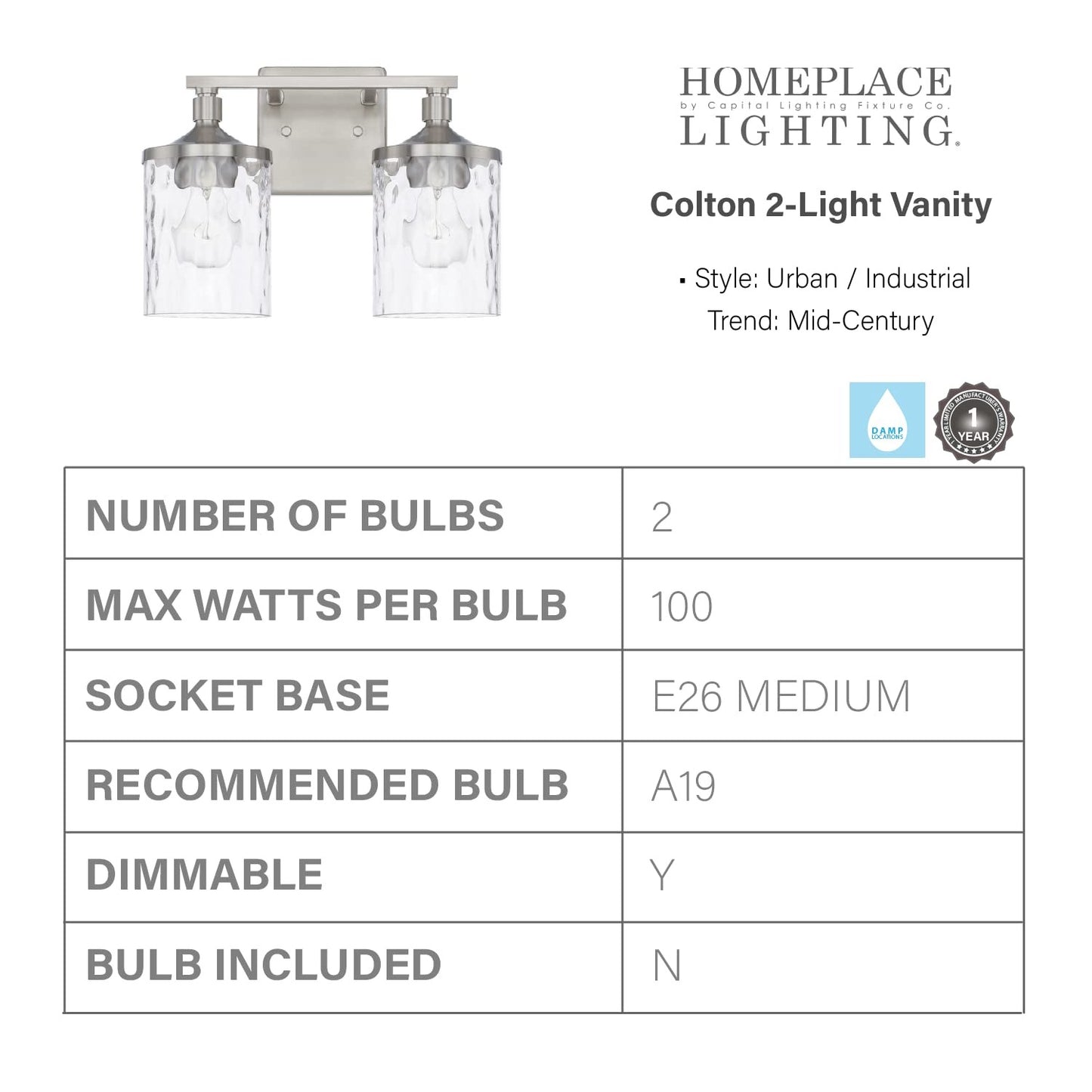 HomePlace Lighting 128821BN-451 Clear Water Glass Vanity Wall Light, 2-Light