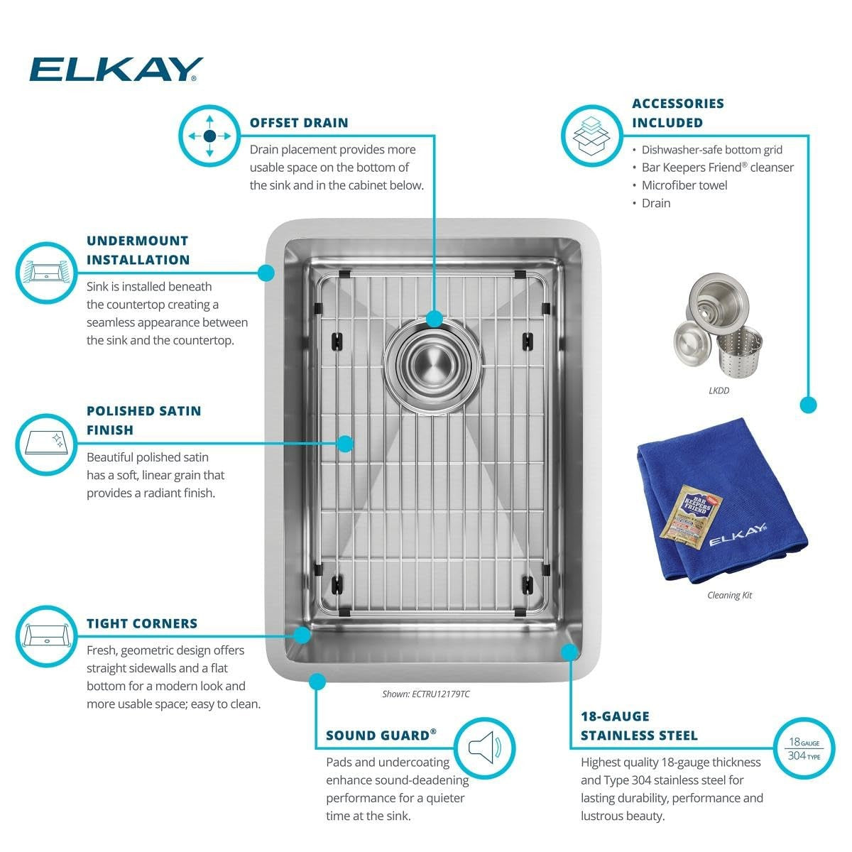 Elkay ECTRU12179TC Crosstown 13-1/2" Undermount Basin Stainless Steel Bar Sink
