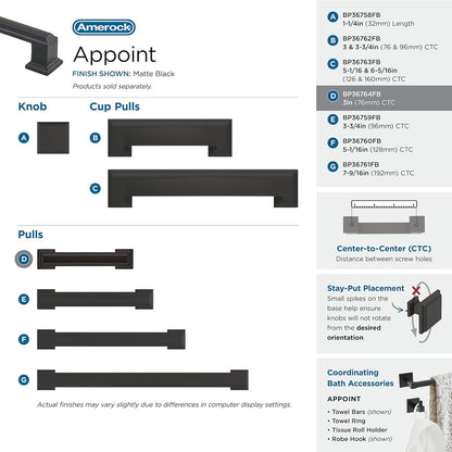 Amerock BP36764FB Appoint Cabinet Pull Matte Black 3" Center to Center
