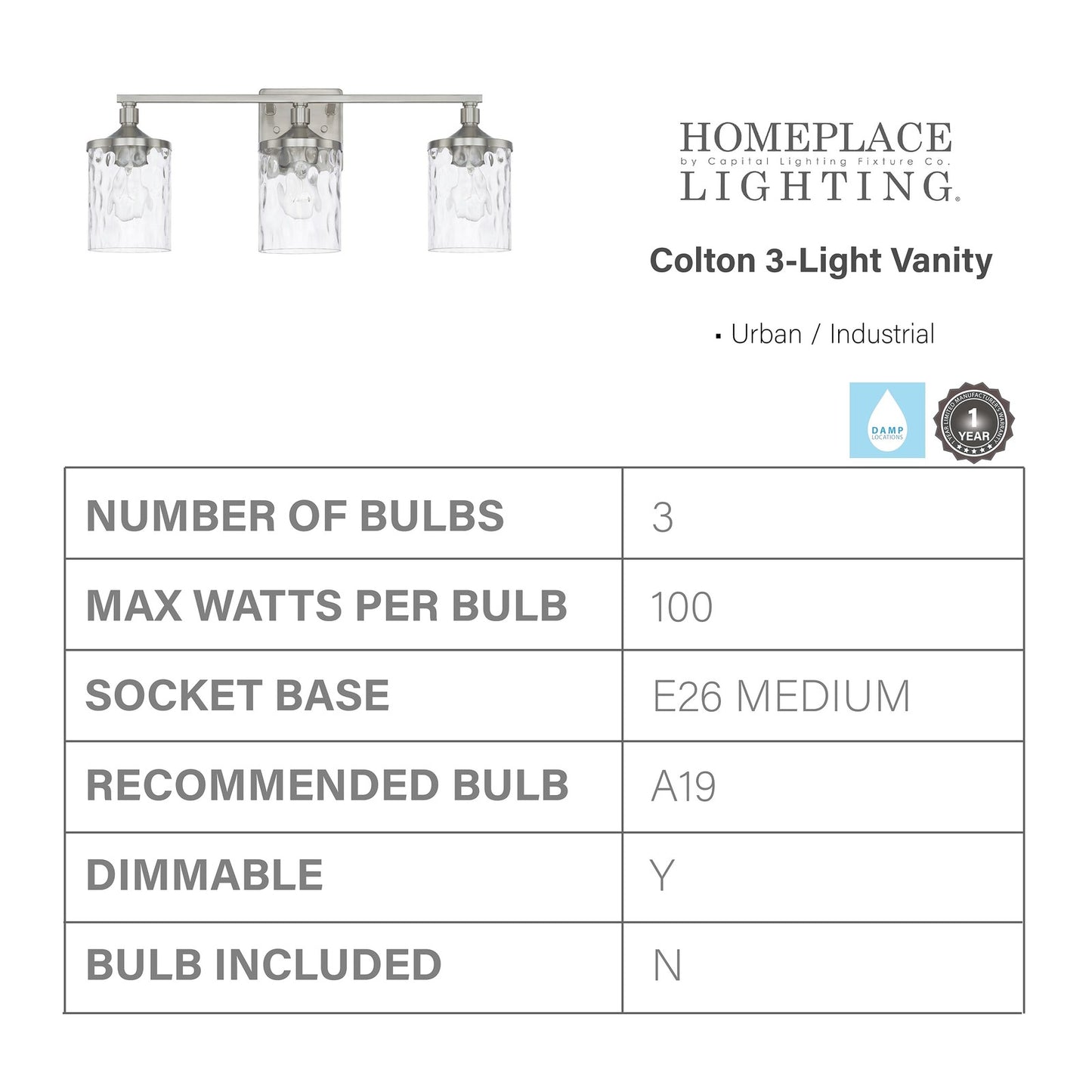 HomePlace Lighting 128831BN-451 Clear Water Glass Vanity Wall Light, 3-Light