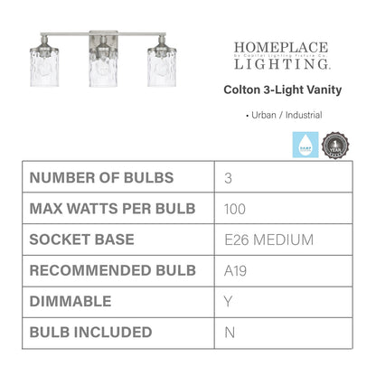 HomePlace Lighting 128831BN-451 Clear Water Glass Vanity Wall Light, 3-Light