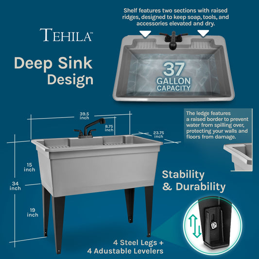 Tehila Freestanding Double-Wide Grey Utility Sink with Steel Legs & Black Pull-Out Faucet, Multi-Purpose Heavy-Duty Laundry Tub and Kitchen Sink for Homes & Business - view 2
