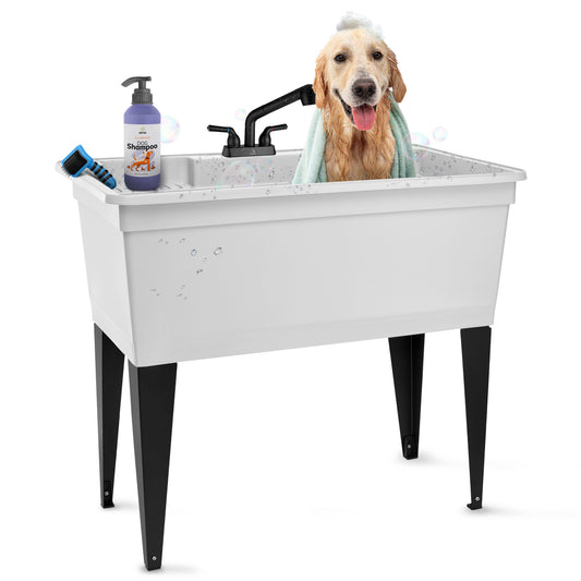 Tehila Freestanding Double-Wide White Utility Sink with Steel Legs & Black Pull-Out Faucet, Multi-Purpose Heavy-Duty Laundry Tub and Kitchen Sink for Homes & Business - view 2