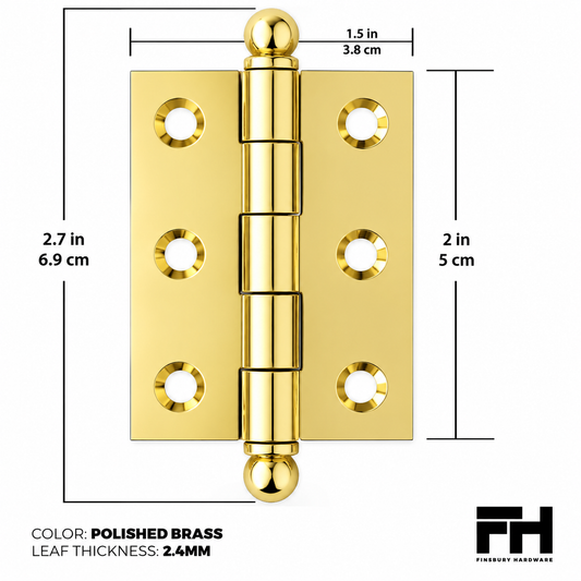 2" x 1-1/2" Cabinet Hinge, w/ Ball Tips, Solid Brass - Polished Brass - 1 Pair - view 2