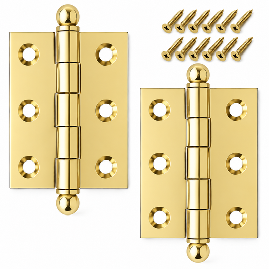 2" x 1-1/2" Cabinet Hinge, w/ Ball Tips, Solid Brass - Polished Brass - 1 Pair