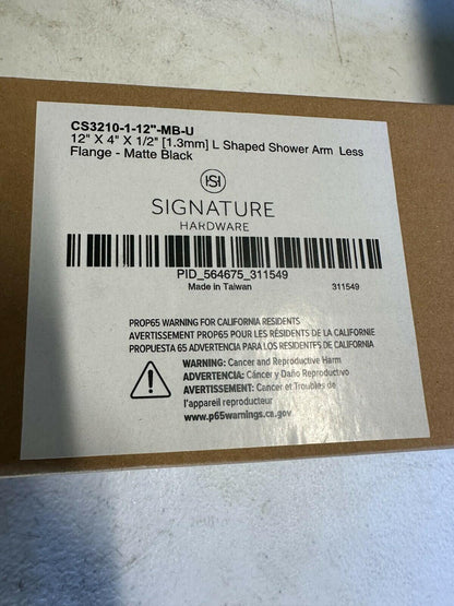 Signature Hardware 12” L-Shaped Shower Arm - Less Flange- MATTE BLACK