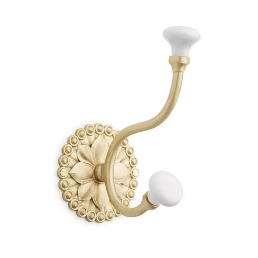 Signature Hardware-Beaded Floral Brass Double Hook w/Porcelain Knobs-Satin Brass