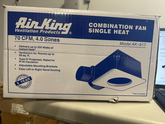 Air King 70 CFM 3.5 Sone Ceiling Mounted Exhaust Fan with Single Bulb Heater