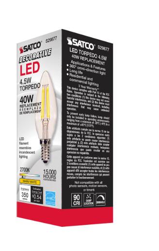 SATCO Lighting S29877-Candle Shape 4.5 Watt 120 Volt B10 LED Bulb E12-Pack of 4